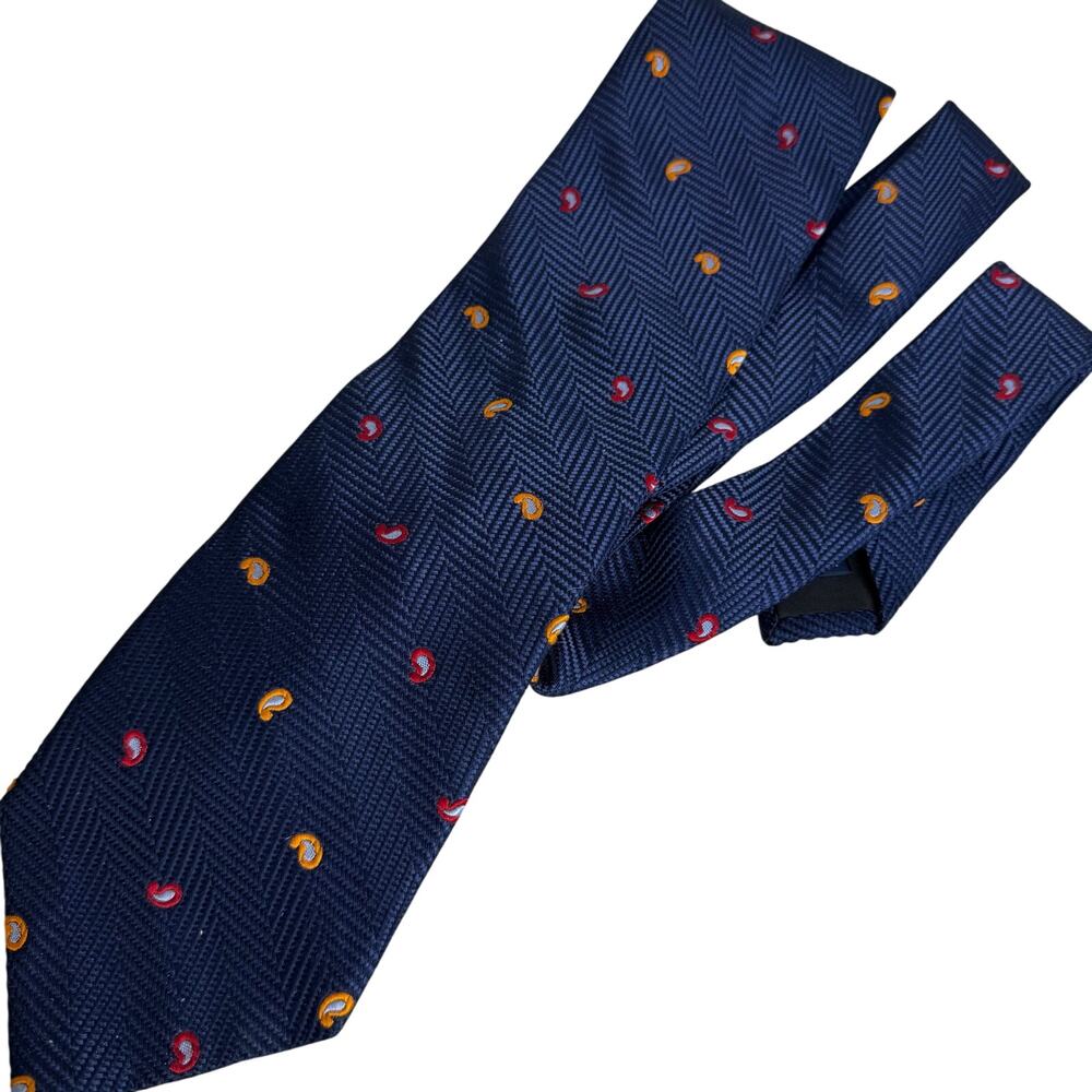Paul Fredrick Paisley Printed Multicolor Navy Neck Tie 58.5" 100% Silk Teardrop